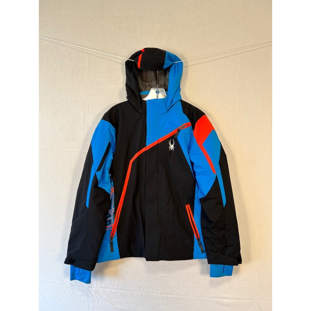 Spyder Mens Insulated Ski Jacket Blue Black Red Colorblock Removable Hood L